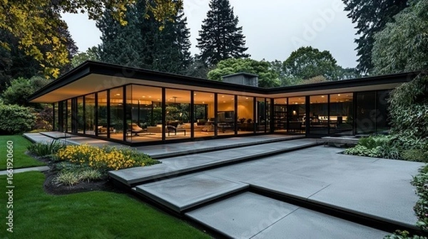 Obraz Midcentury house with floortoceiling windows and structured layout, clean functional space