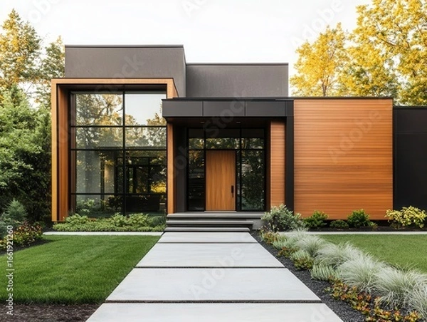 Obraz Midcentury modern home exterior with flat roof and clean geometric lines, functional architecture