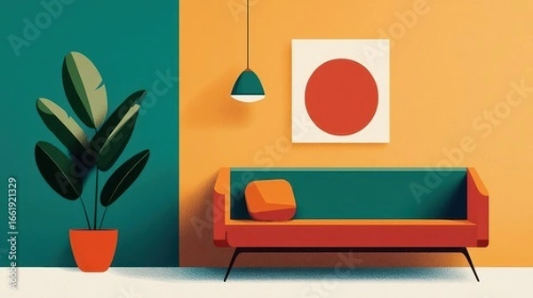 Obraz Compact studio layout with clean architectural lines and modular furniture, midcentury modern