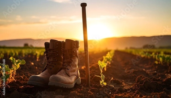Fototapeta Work Boots and Tool in Field at Sunset Farming Scene