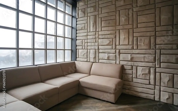 Fototapeta Corner sofa positioned near a grid window and grunge stone panel wall, creating a unique interior design for a modern living room, Generative AI