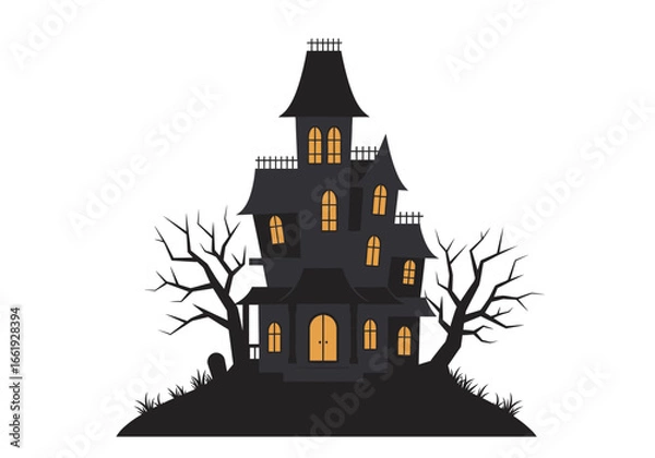 Obraz A spooky shadowed haunted house sits atop a hill with bare trees flanking it Tombstone to the left