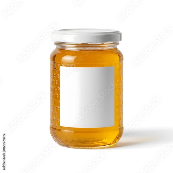 Fototapeta honey glass bottle jar with honeycomb texture white golden lid clean label place where logo and text placemenet area round shape design glossy light background isolated transparent white full dark jam