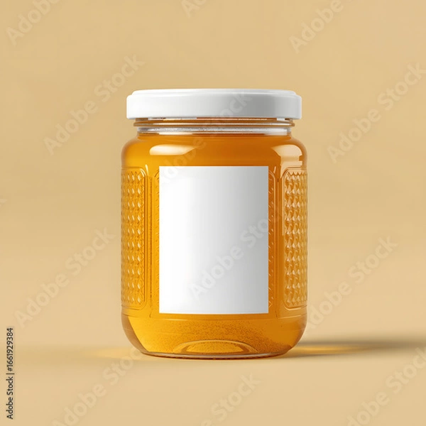 Fototapeta honey glass bottle jar with honeycomb texture white golden lid empty label place where logo and text placemenet area round shape design bright light background isolated transparent white full dark jam