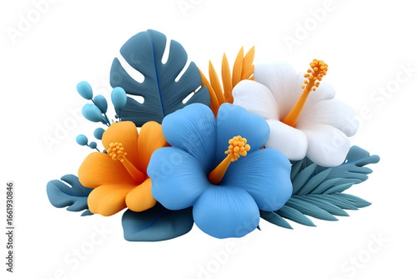 Obraz Vibrant Clay Hibiscus Flowers and Tropical Leaves Arrangement on transparent background