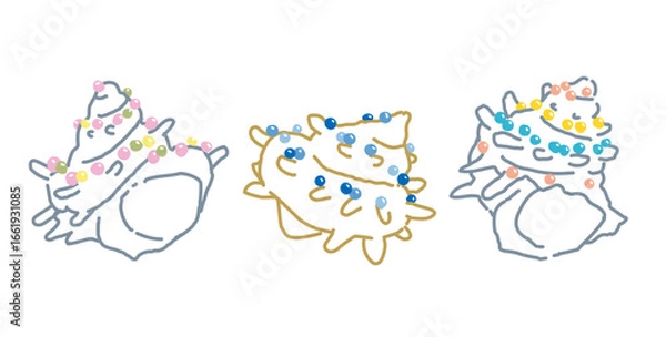 Obraz ペイントしたサザエの貝殻にビーズをデコレーションした作品 手描きタッチのイラスト