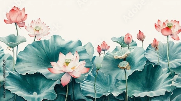 Obraz The title features a watercolor lotus and water lilies composition with copy space, soft pastel green and pink hues, delicate ink wash textures in minimalist Chinese painting style