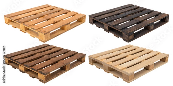 Fototapeta Four Wooden Pallets in Various Shades on a Black Background Representing Shipping and Logistics
