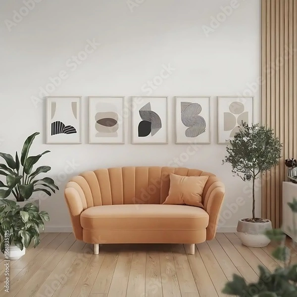 Fototapeta Curved loveseat sofa against a white wall with frames. Scandinavian home interior design of modern living room.