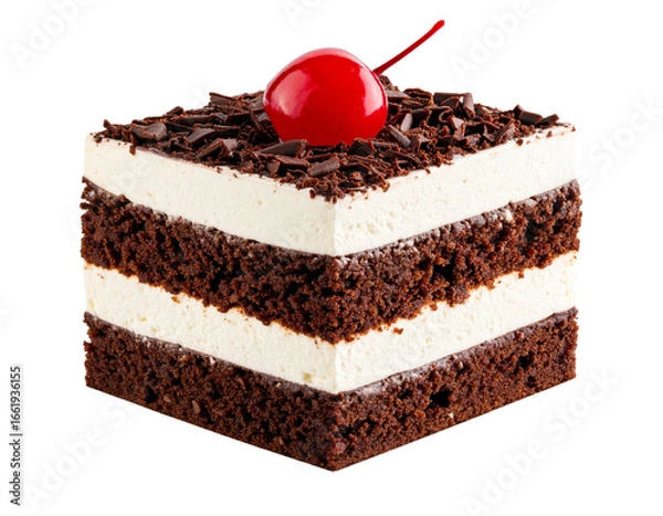 Fototapeta Elegant Black Forest Cake Cube, Side View, isolated on a transparent background