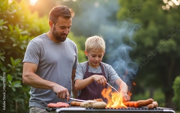 Fototapeta A father and son cook together at a backyard barbecue on a warm summer day. High quality