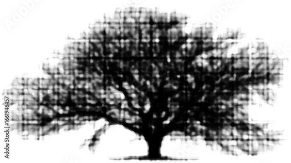 Fototapeta Silhouette of a large tree in dot-pattern artistic style. Vector illustration