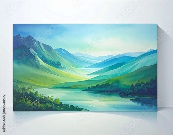 Fototapeta Winter landscape with mountains reflecting on a calm lake under a clear blue sky