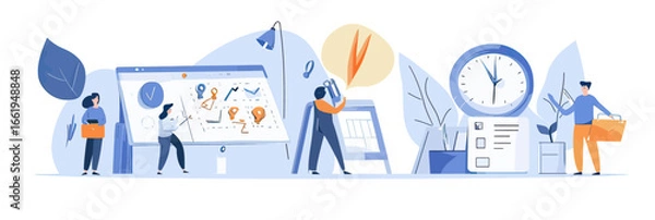 Fototapeta Business team planning project tasks with charts calendar clock time management schedule organization flat vector illustration