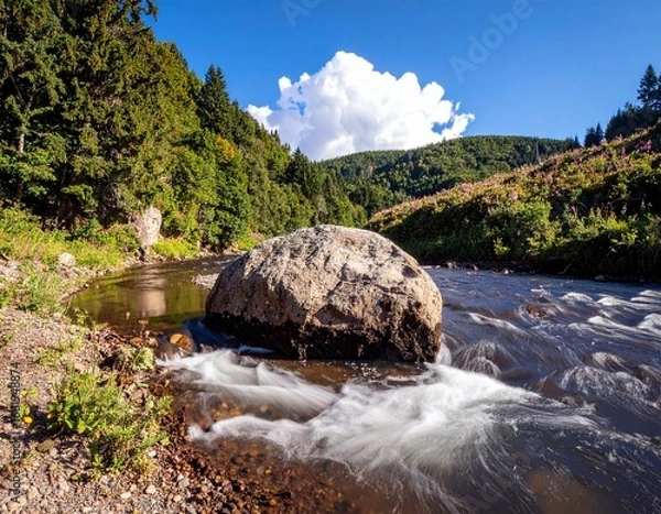 Obraz Mountain stream flowing through a lush green valley forest with a beautiful waterfall cascading over rocks under a summer sky