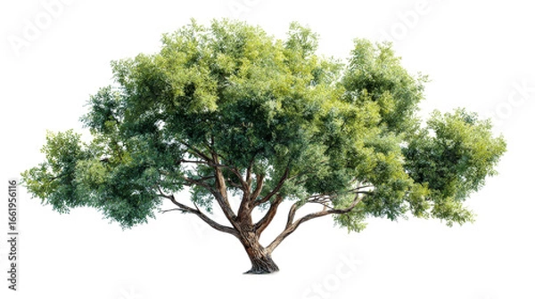 Fototapeta Majestic photorealistic hackberry tree with long trunk and green foliage. An isolated botanical element perfect for nature, environment, and outdoor landscape design