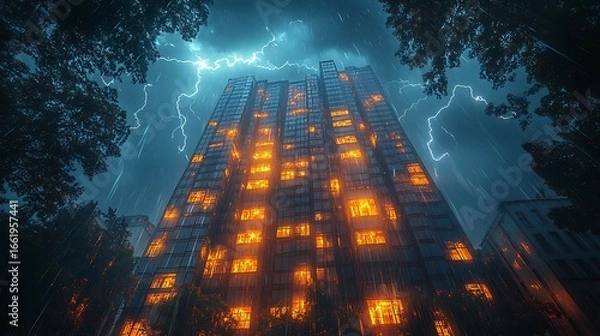 Fototapeta Tall building illuminated during storm
