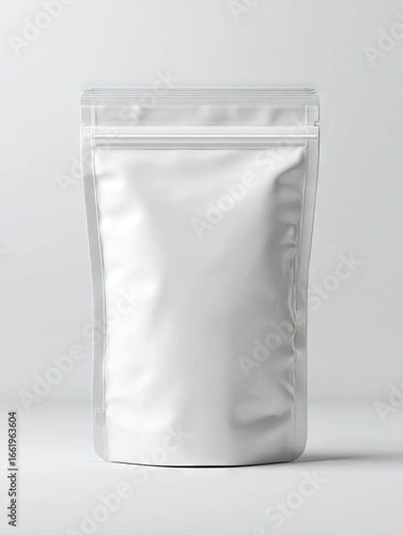 Fototapeta A stand-up, white, matte-finish, resealable pouch with a clear top zipper.  It's subtly wrinkled and sits on a neutral background