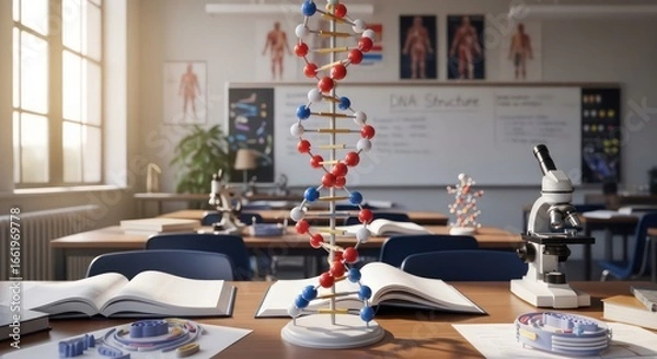 Fototapeta Sunlit Biology Classroom with DNA Model and Microscope