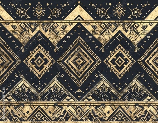 Fototapeta Seamless Aztec inspired pattern, modern geometric tribal motifs, clean vector design, black and gold stylish repeat