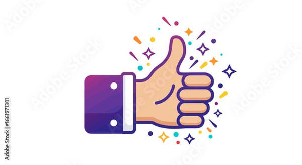 Fototapeta Colorful gradient thumbs up icon with sparkles and confetti for social media and feedback design