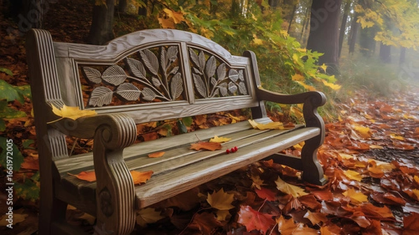 Fototapeta Ornate Carved Wooden Bench in a Serene and Foggy Autumn Forest with Colorful Fallen Leaves.