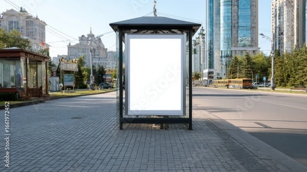 Fototapeta Urban bus stop with blank white billboard mockup for advertisement. City street with roadside shelter, pavement, tiles. Nobody around. Perfect for commercial, advert, advertising promotion