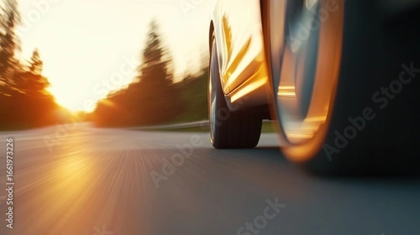 Fototapeta Dynamic View of Car Wheel in Motion at Sunset on Open Road with Blurred Background Effect