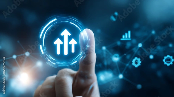 Fototapeta Finger touching glowing blue circle with three upward arrows and abstract network connections technology