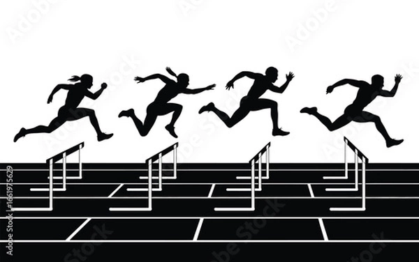 Fototapeta Vector art of silhouetted athletes jumping over hurdles on a track, showcasing the energy and determination of sports