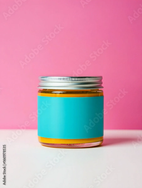 Fototapeta Vibrant Turmeric Paste in Glass Jar with Customizable Label on Pink Background for Healthy Cooking and Natural Remedy Concepts Product Mockup