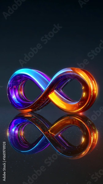 Fototapeta Gleaming Infinity Symbol with Blue and Orange Gradient Reflected on Dark Surface endless loop sign