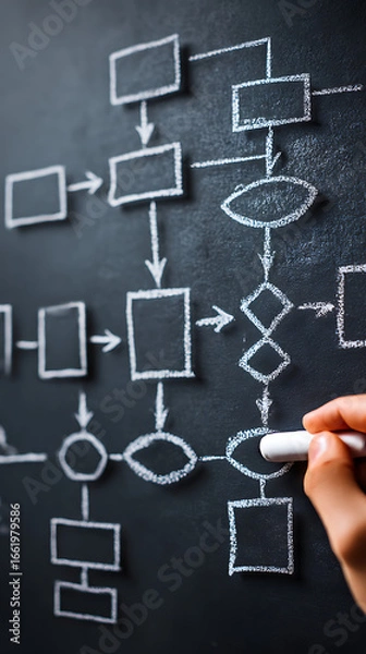 Fototapeta Hand drawing a complex flowchart with various shapes and arrows on a dark textured blackboard chalk