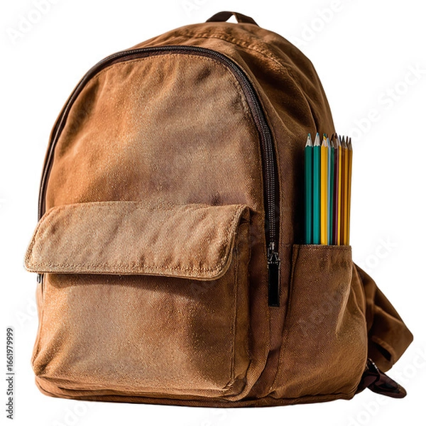 Fototapeta Element Isolated Transparent Back-to-School Isolated Product Shot Brown backpack with stationery items and pencils. PNG DIE-CUT for advertising