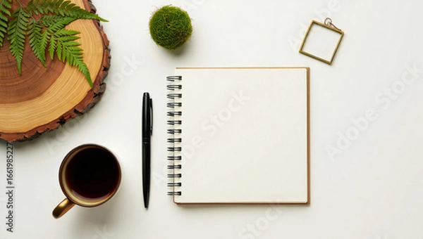Fototapeta Workspace with blank notebook coffee fern and moss ball a serene and inspiring setup for creative thinking and planning