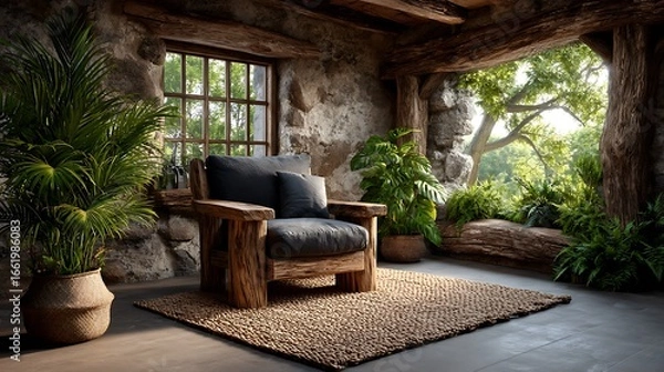 Obraz A realistic high-definition photo of a living room with indoor plants and jute rug.