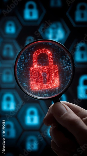 Fototapeta Hand Holding Magnifying Glass Over Glowing Red Digital Padlock on Blue Hexagonal Padlock Pattern security