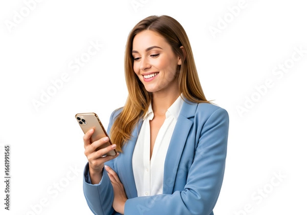 Fototapeta A smiling young woman in a blue blazer joyfully interacts with her mobile phone, reflecting the effortless charm of modern digital communication.