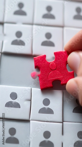 Fototapeta Hand inserting a red puzzle piece with a person icon into a partially completed grid of white puzzle pieces