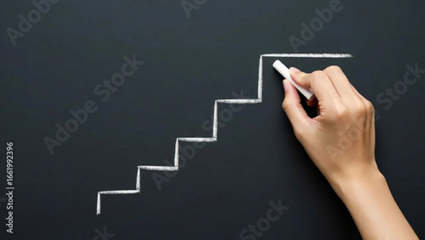 Fototapeta Conceptual Steps to Success Drawn in Chalk on a Dark Blackboard Illustrating Career Growth and Ascending to a Higher Level of Achievement Representing Ambition and Aspirations