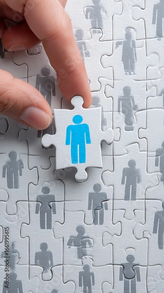 Fototapeta Hand positioning a blue person puzzle piece into a white jigsaw puzzle with grey figures human