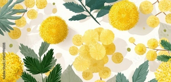 Obraz A vibrant illustration featuring numerous fluffy, yellow mimosa flowers scattered against a clean, off-white background. Green foliage accents the blossoms, creating a cheerful 