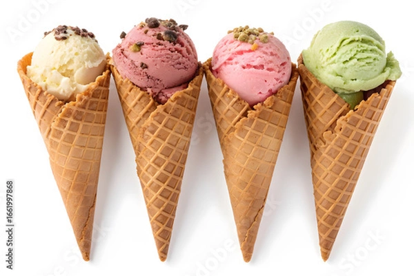 Fototapeta ice cream cone set natural flavor strawberry butterscotch vanilla dark chocolate pistachio nut yellow mango white colorful row transparent isolated background image one small scope dessert sweet food