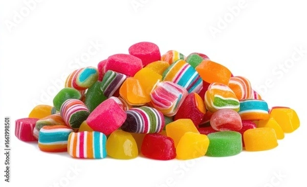 Fototapeta A vibrant pile of assorted colorful hard and gummy candies in various shapes and sizes, isolated on a white background