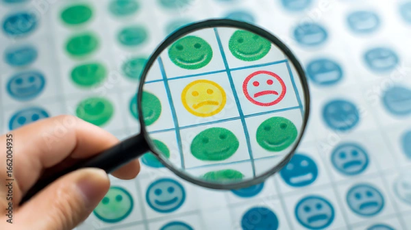 Fototapeta Magnifying glass focuses on a grid containing a sad face and a neutral face among happy faces hand
