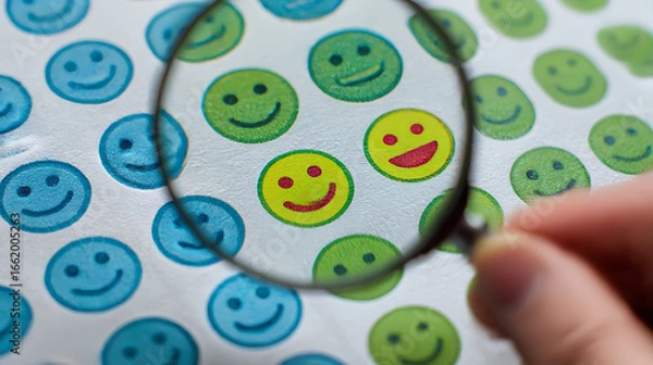 Fototapeta Magnifying glass highlights a happy yellow smiley face icon within a pattern of various emoticons
