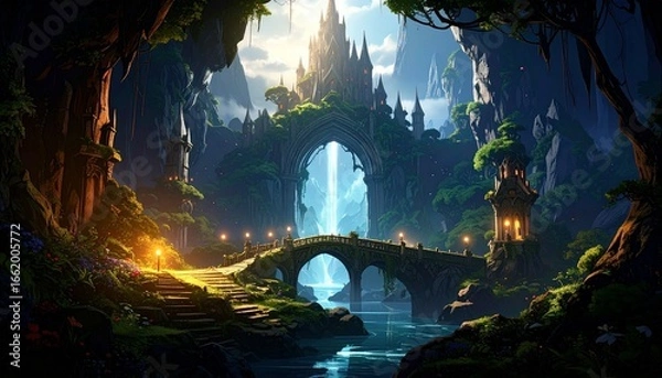 Fototapeta Fantasy landscape with castle and bridge.