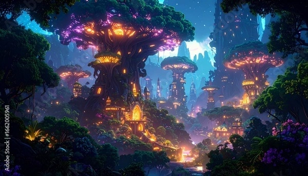 Fototapeta Fantasy forest with glowing treehouses at night.