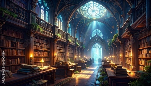 Obraz Sunlit historical library with arched windows.