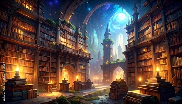 Fototapeta Magical library with glowing lights and books